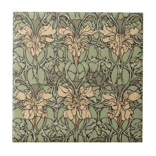 Carreau Art Nouveau Floral Damask Vert, Beige Abstrait