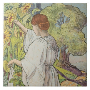 Carreau Art Nouveau Floral Femme Mucha French Green Daisy