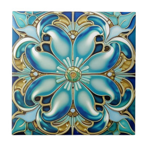 Carreau Art Nouveau Gold Aqua Bleu Géométrique