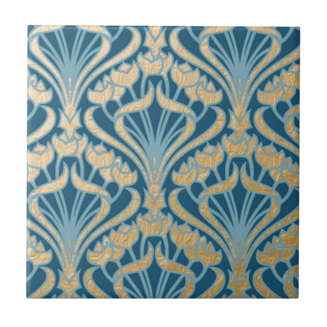 Carreau Art Nouveau,gold,teal,damask,floral,pattern,chic,V (Devant)