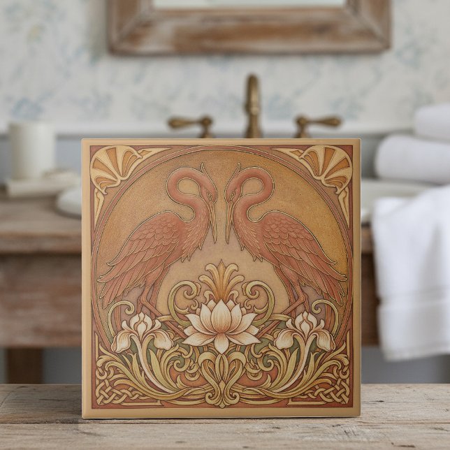 Carreau Art Nouveau Mirrored CranePat#9 Terra Cotta ID1193 (Créateur téléchargé)