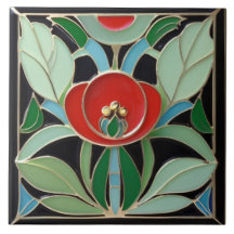 Art Nouveau Moderne Faux Relief Vert Fleur Rouge