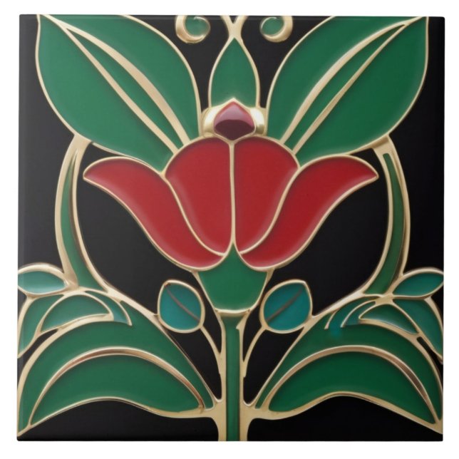 Carreau Art Nouveau Moderne Gras Noir Vert Rouge (Devant)