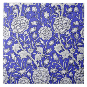 Carreau Art Nouveau motif floral, Indigo et blanc,