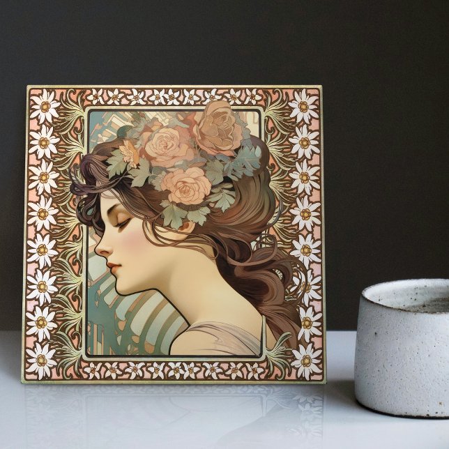 Carreau Art Nouveau Portrait féminin Mucha Edelweiss Fleur (Créateur téléchargé)