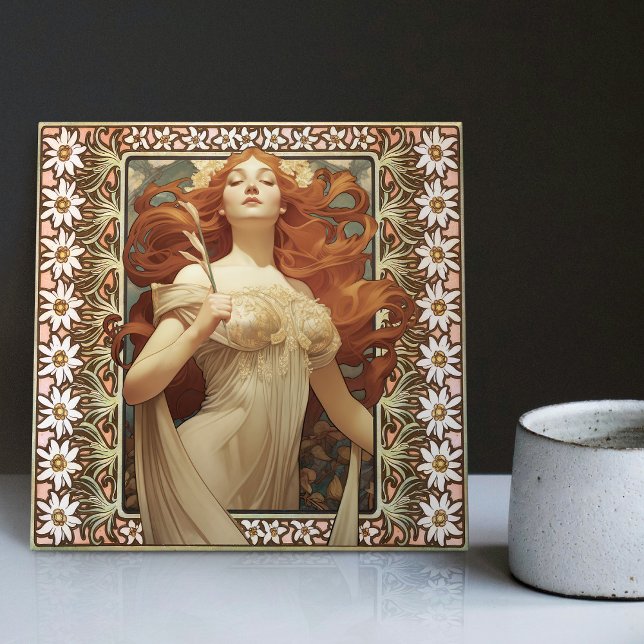 Carreau Art Nouveau Portrait féminin Mucha Edelweiss Fleur (Créateur téléchargé)