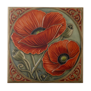 Carreau Art Nouveau vintage Coquelicots rouges Floral 