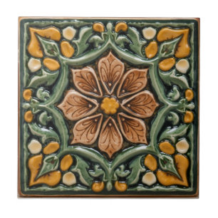 Carreau Art Nouveau vintage majolique floral artisanat