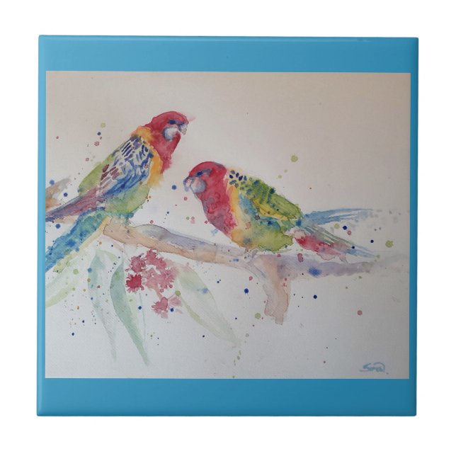 Carreau Art perroquet peinture aquarelle Aqua Turquoise (Devant)