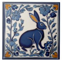 Art populaire bleu et blanc lapin