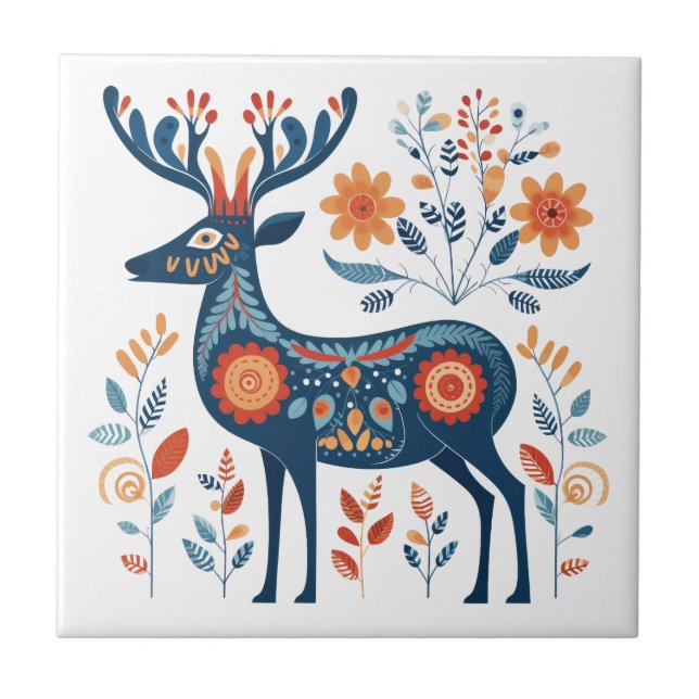 Carreau Art populaire scandinave Blue Antler Deer (Devant)