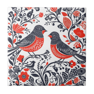 Carreau Art populaire scandinave Oiseaux Lino Coupe Design