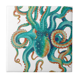 Carreau Art turquoise d'aquarelle de poulpe