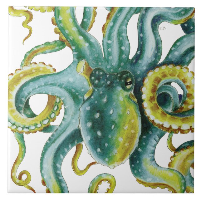 Carreau Art vert d'aquarelle de tentacules de poulpe (Devant)