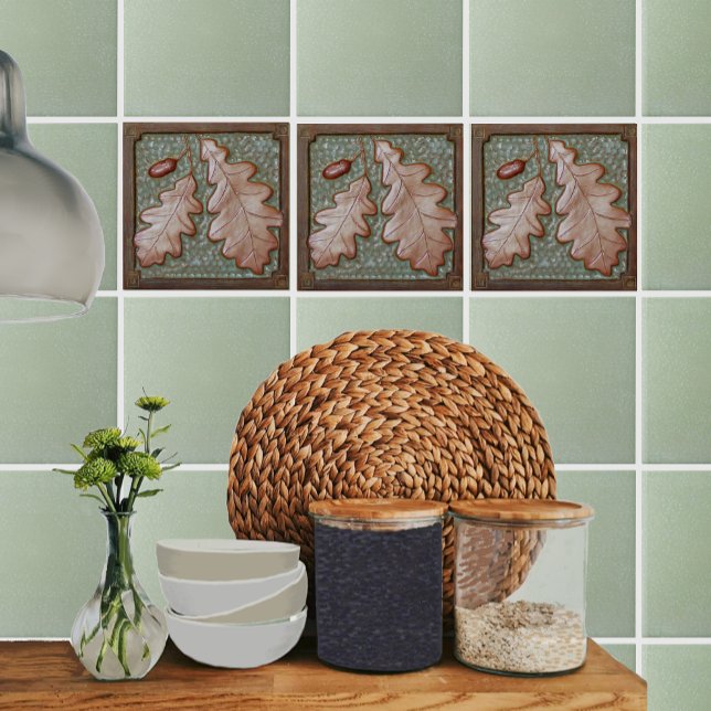 Carreau Artiste Feuille de chêne Céramique Tuile décorativ (Green and copper Oak leaf tiles shown on a kitchen backsplash, with Fern greenfield tiles.)
