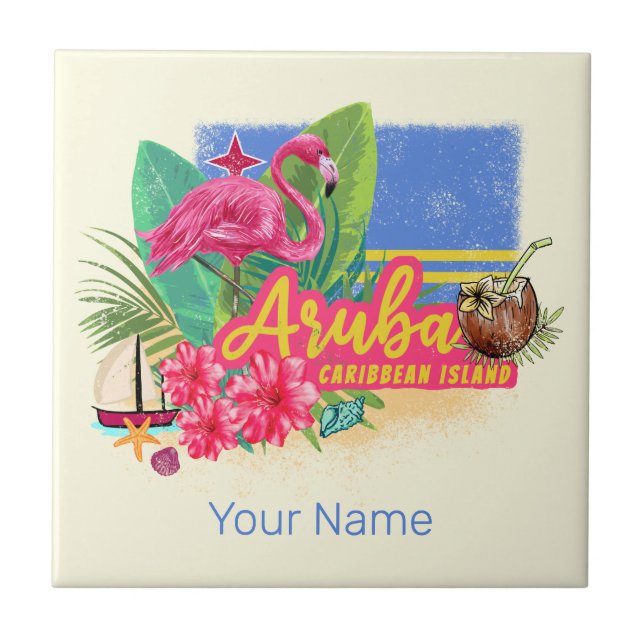 Carreau Aruba Retro Caraïbes île avec Flamant rose Vintage (Devant)