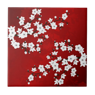 Carreau Asie Floral blanc cerisier rouge
