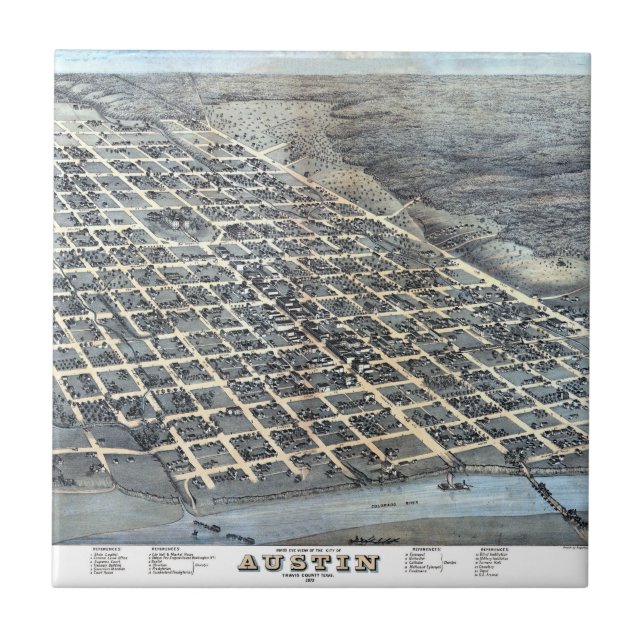 Carreau Austin, Texas Antique Aerial City Carte de 1873 (Devant)
