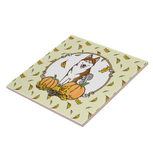 Carreau Automne Sibérie Husky (rouge) Citrouille mignonne