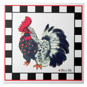 Carreau avec art de coq à carreaux noir et blanc