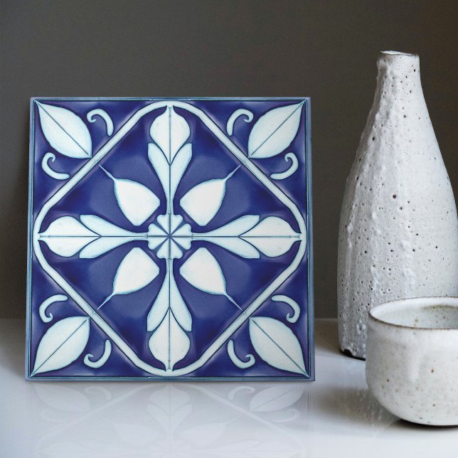 Carreau Azulejo bleu et blanc symétrique floral (Créateur téléchargé)