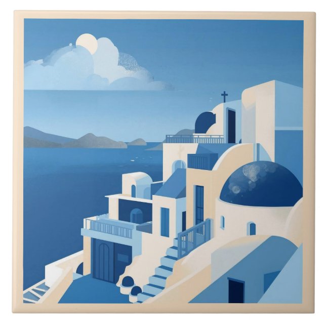 Carreau Azulejo bleu méditerranéen de Santorin (Devant)