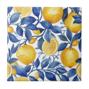 Carreau Azulejo Lemons Motif Feuille bleu