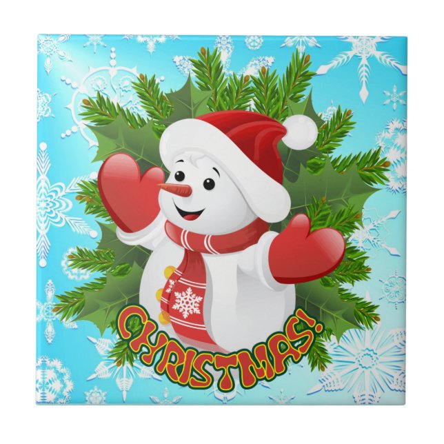 Carreau Baby Snowman avec ornement de flocons de neige en  (Devant)