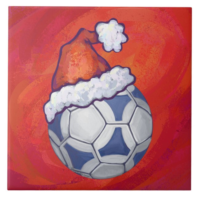 Carreau Bal de soccer bleu et blanc sur rouge (Devant)