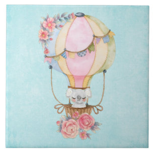 Carreau Ballons à air chaud mignon avec aquarelle à ours
