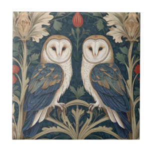 Carreau Barn Owl Couple William Morris style deux hiboux