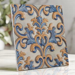 Carreau Baroque Volute Damassé Bleu Or Style Italien
