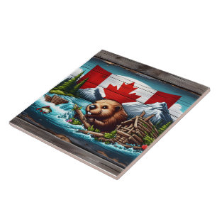 Carreau Barrage de l'édifice Beaver près du drapeau canadi