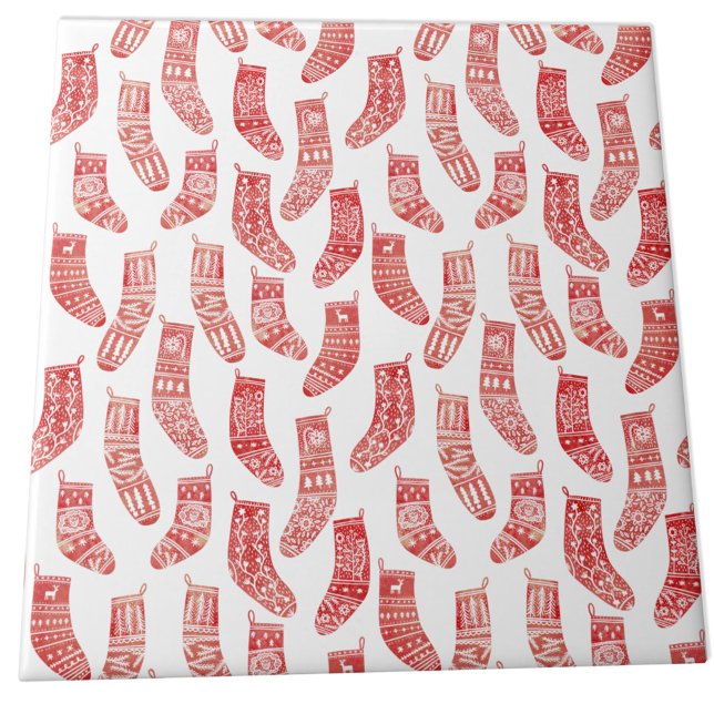 Carreau Bas de Noël nordique rouge et blanc (Nordic Stockings red and white Scandinavian festive Christmas pattern ceramic tile)