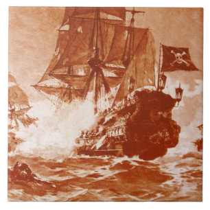 Carreau BATAILLE DE NAVIRE PIRATE EN sépia brun