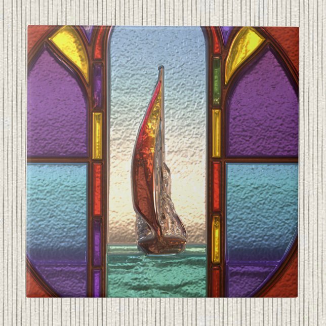Carreau Bateau à voile rouge à travers la fenêtre en verre (Créateur téléchargé)