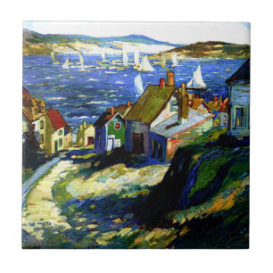 Carreau Bateaux à voile au port, peinture d'art