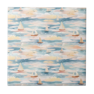 Carreau Bateaux à voile de rêve Motif d'aquarelle océaniqu
