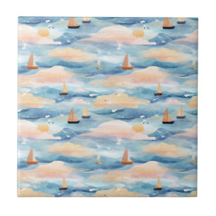 Carreau Bateaux à voile de rêve Motif d'aquarelle océaniqu