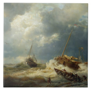 Carreau Bateaux dans une tempête sur la côte néerlandaise