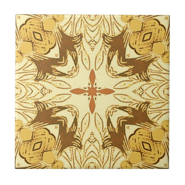 Carreau Batik Mandala Motif Mustard Gold et Brown (Devant)