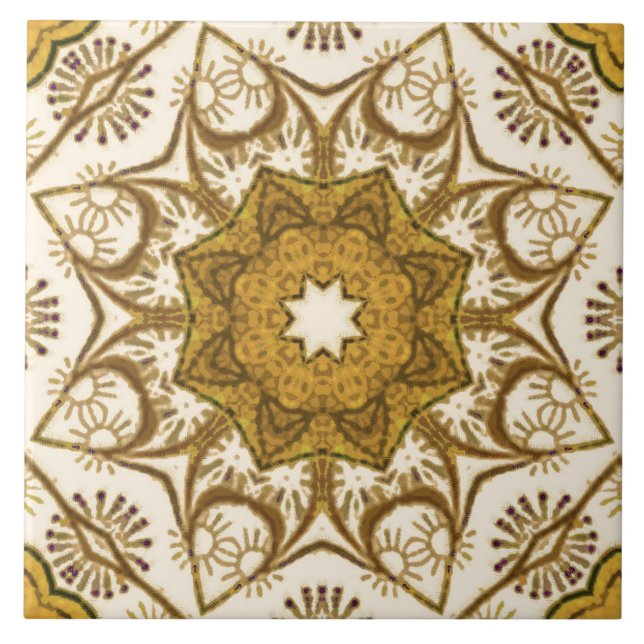 Carreau Batik Mandala Motif Mustard Gold et Crème (Devant)