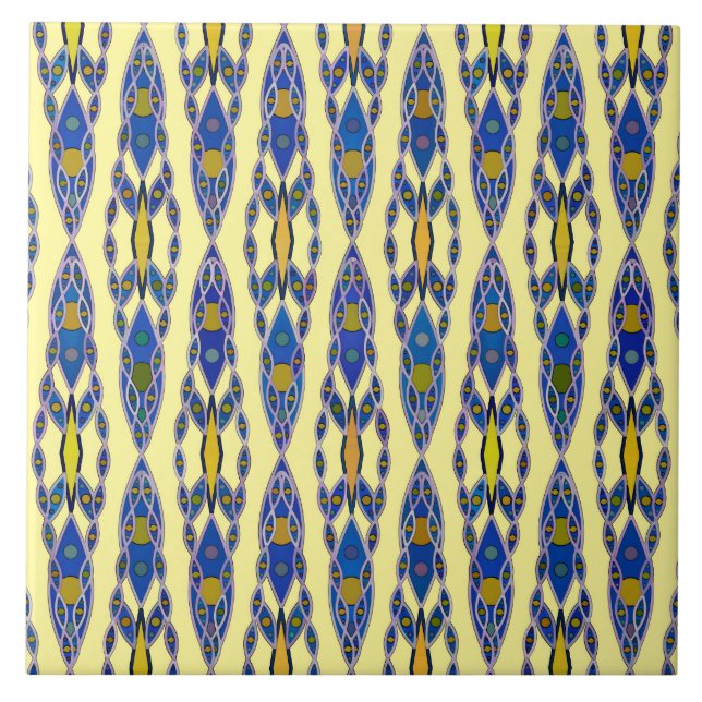 Carreau Batik tribal - Acier bleu, gris et jaune (Devant)
