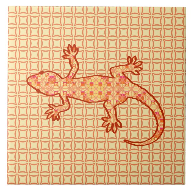 Carreau Batik tribal Gecko - corail et orange clair (Devant)