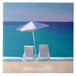 Carreau Beach Life - Chaises longues et parapluie à la pl