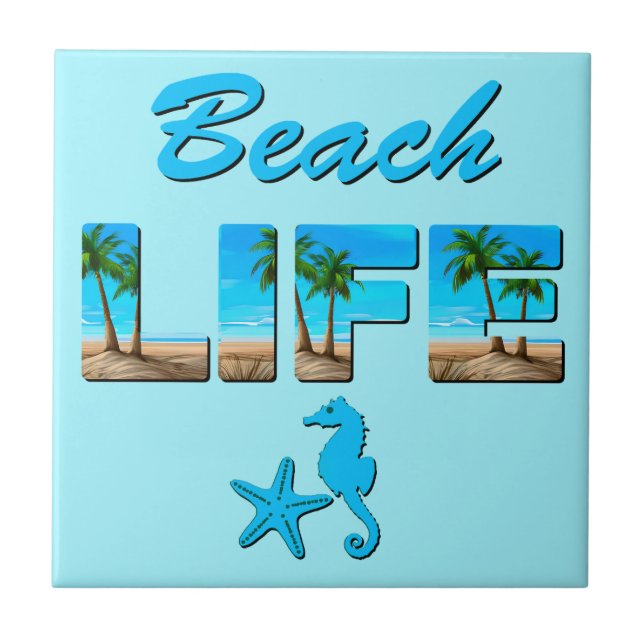 Carreau Beach Life Word Art avec sable et palmiers (Devant)