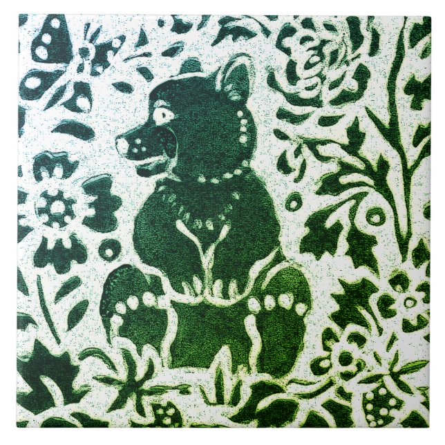 Carreau Bear Batik Vert moderne Bleu Floral Bois (Devant)