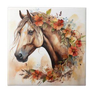 Carreau Beau Cheval aux jolies fleurs Aquarelle