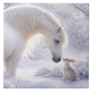 Carreau Beau cheval blanc et lapin dans la neige