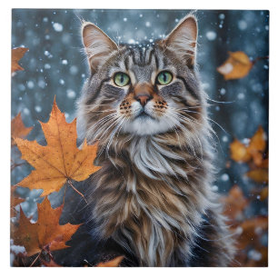 Carreau Beau Gris Tabby Chat Feuilles de Chat Portrait